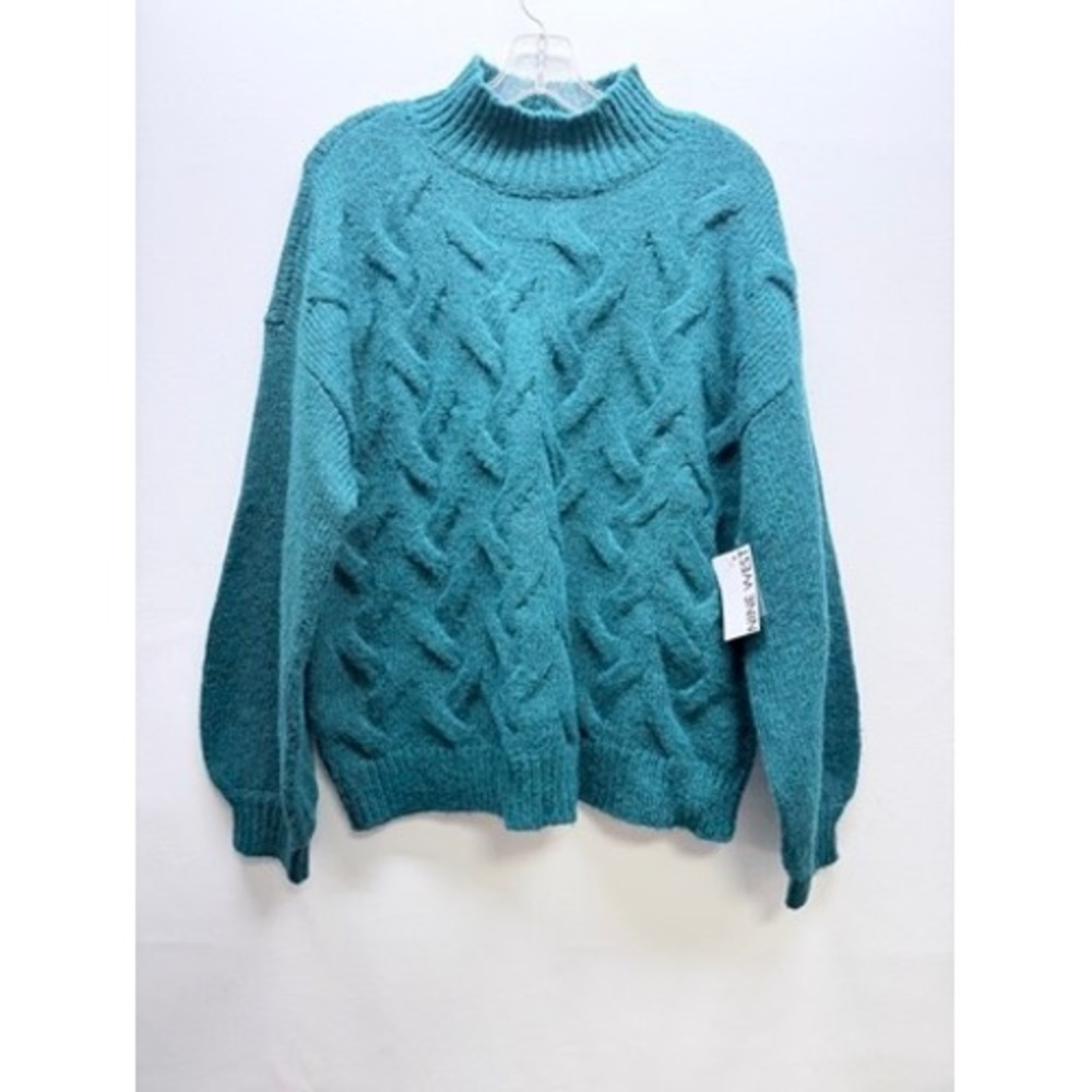 Nine West Sweater Women L Teal Cable Knit Mock Neck Long Sleeve